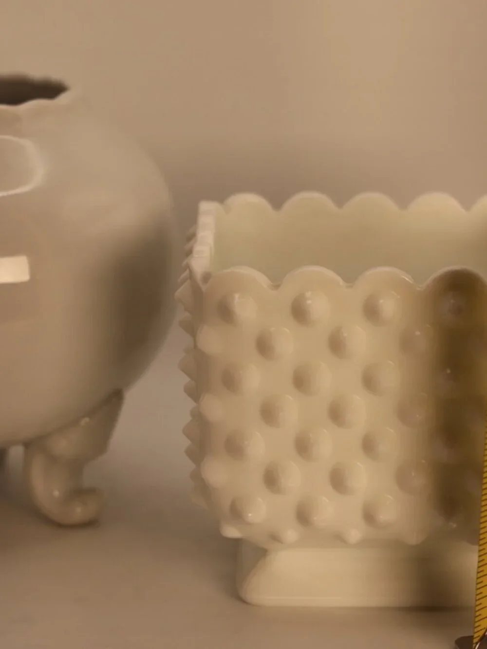 Vintage White Milk Glass Hobnail Planter & Footed Vase Set